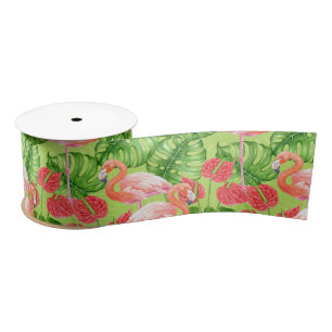 Flamingo birds and tropical plants satin ribbon