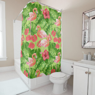 Flamingo birds and tropical plants shower curtain