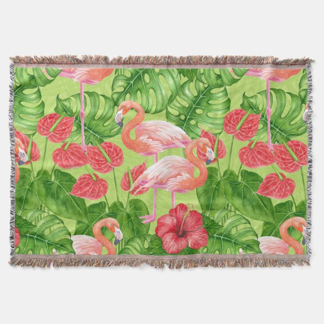 Flamingo birds and tropical plants throw blanket (Front)