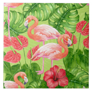 Flamingo birds and tropical plants tile