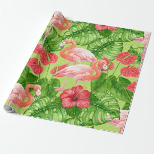 Flamingo birds and tropical plants wrapping paper