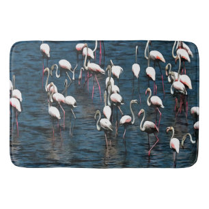 Flamingo Birds In Pink and White On Inkwell Blue Bath Mat