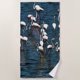 Flamingo Birds In Pink and White On Inkwell Blue Beach Towel
