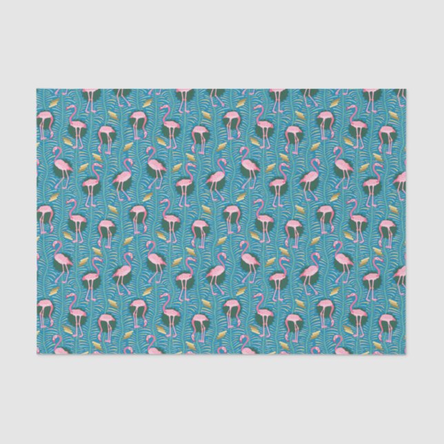 Flamingo Birds Pattern 20s Deco Ferns Teal Gold Tissue Paper (Front)