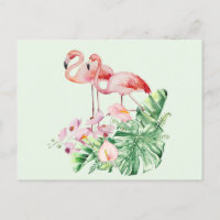 Flamingo Birds, Tropical Flowers and Leaves