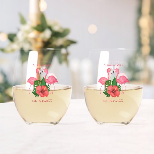 Flamingo Birds Wedding Cute Pink Personalised Stemless Wine Glass (Insitu (Wedding))