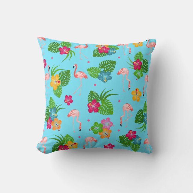 Flamingo Birds with Hibiscus Flowers Cushion (Front)