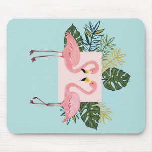 Flamingo Birds With Leaves   Flamingo Palm Leaves Mouse Mat