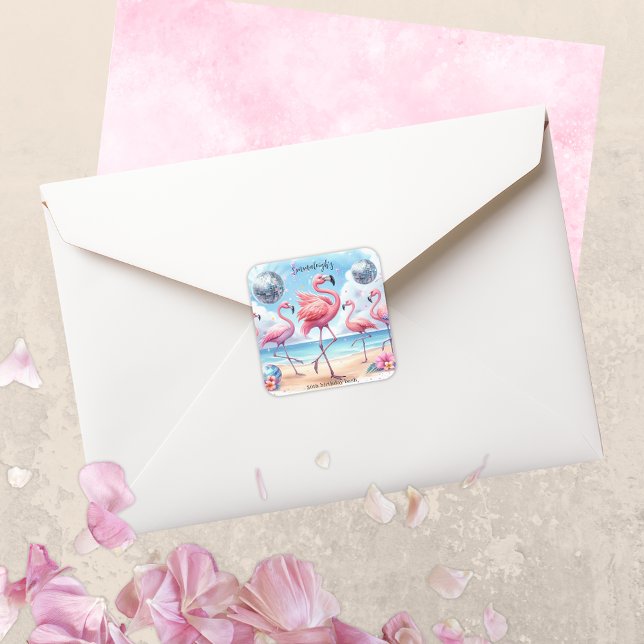 Flamingo Birthday Beach Party Square Sticker (Creator Uploaded)