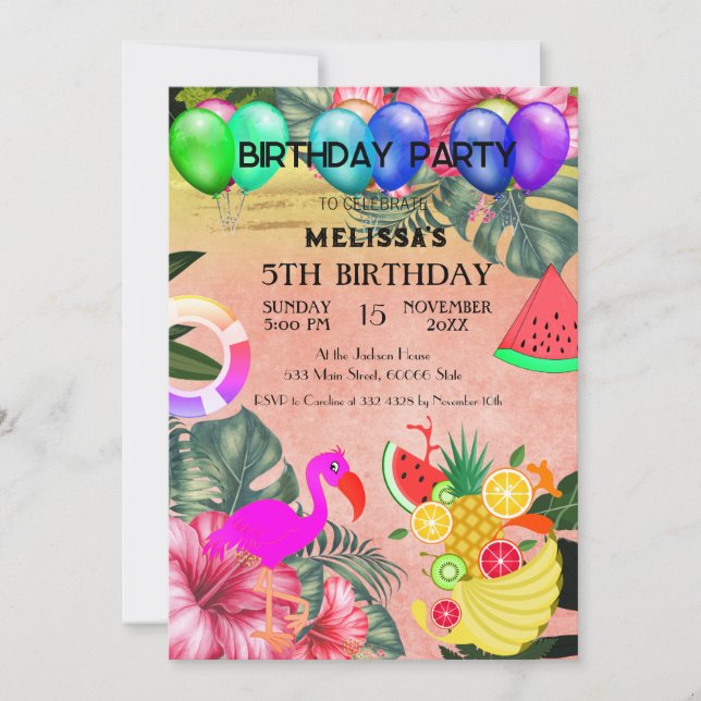 Flamingo Birthday Invitation, cute Invitation (Front)