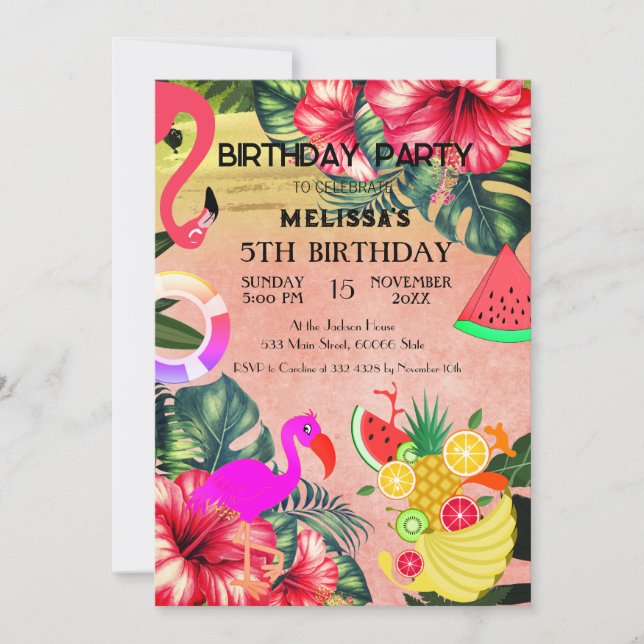Flamingo Birthday Invitation, cute Invitation (Front)