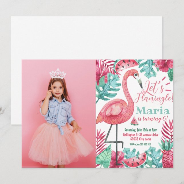 Flamingo Birthday invitation Photo Flamingo  (Front/Back)