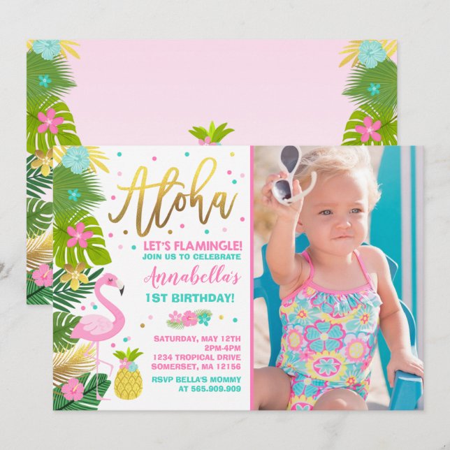 Flamingo Birthday Invitation Topical Luau Party (Front/Back)