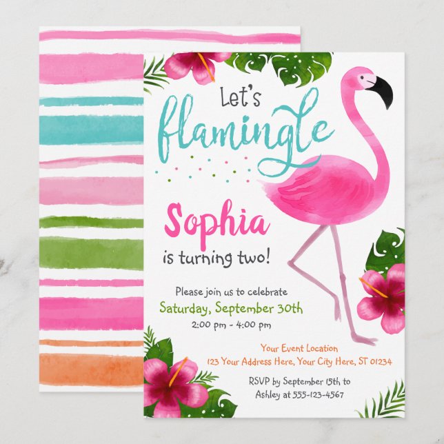 Flamingo Birthday Invitation Tropical Summer Girl (Front/Back)