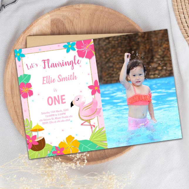 Flamingo Birthday Invitation with photo (Pink Flamingo Birthday Invitations with photo)