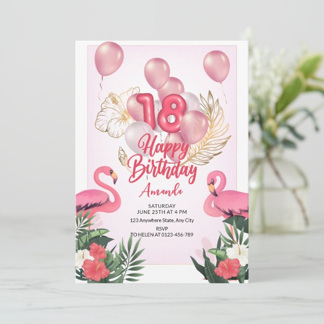 Flamingo Birthday Party Invitation, 18th Birthday  Invitation (Standing Front)