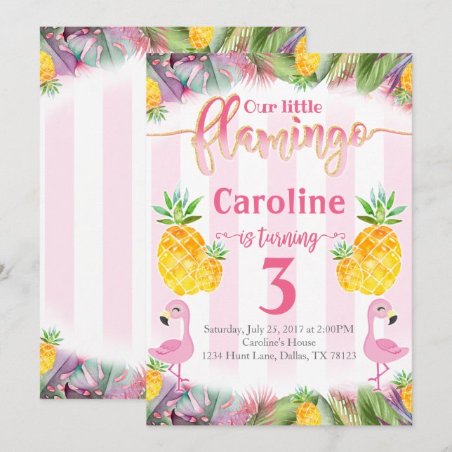 Flamingo Birthday Party Invitation Pineapple (Front/Back)