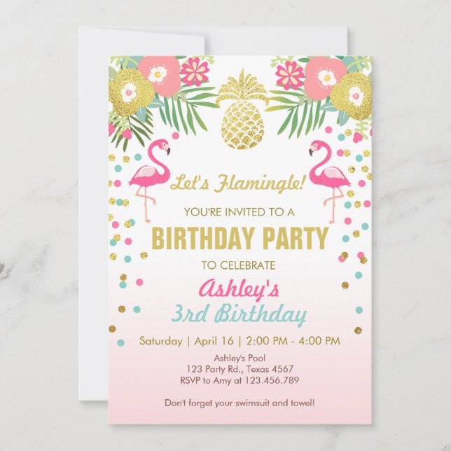 Flamingo Birthday party invitation Tropical Hawaii (Front)
