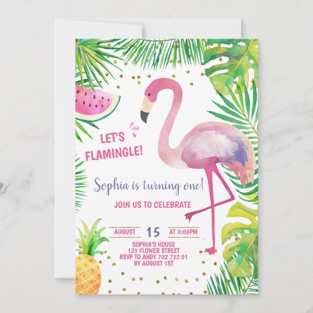 Flamingo Birthday Party Tropical Girl Pool Party Invitation (Front)