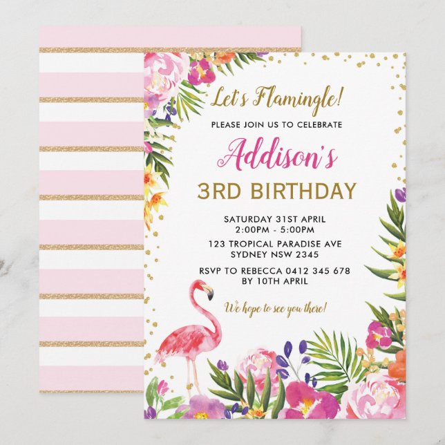 Flamingo Birthday Party Tropical Summer Floral Invitation (Front/Back)
