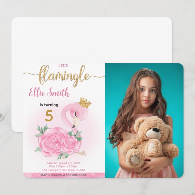 Flamingo Birthday Photo Invitation (Front/Back)
