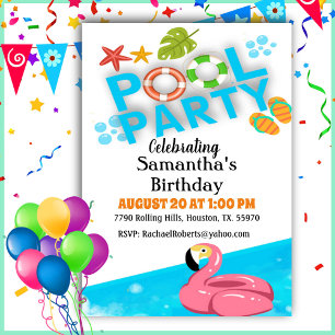 Flamingo Birthday Pool Party  Invitation