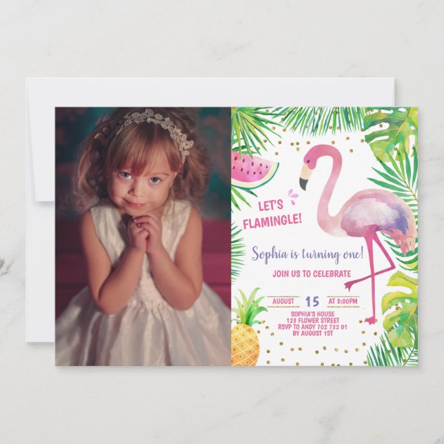 Flamingo Birthday Pool Party Tropical Girl Photo Invitation (Front)