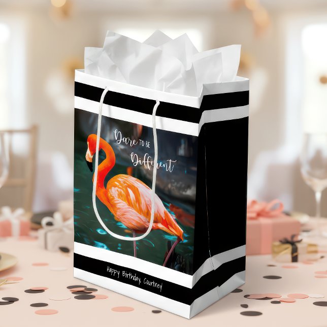 Flamingo Black White Stripes Script Name Modern Medium Gift Bag (Creator Uploaded)
