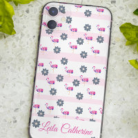 Flamingo & blue flower pattern white pink striped