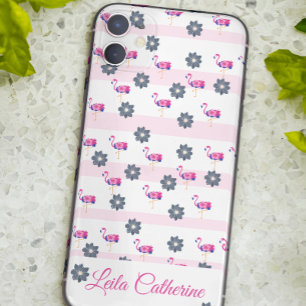 Flamingo & blue flower pattern white pink striped iPhone 11 case
