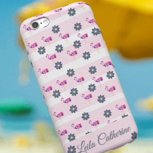 Flamingo & blue flower pattern white pink striped iPhone 11 case