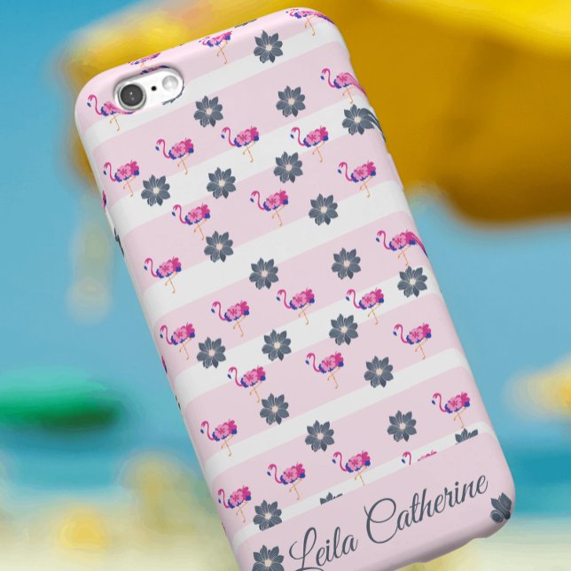 Flamingo & blue flower pattern white pink striped Case-Mate iPhone case (Creator Uploaded)