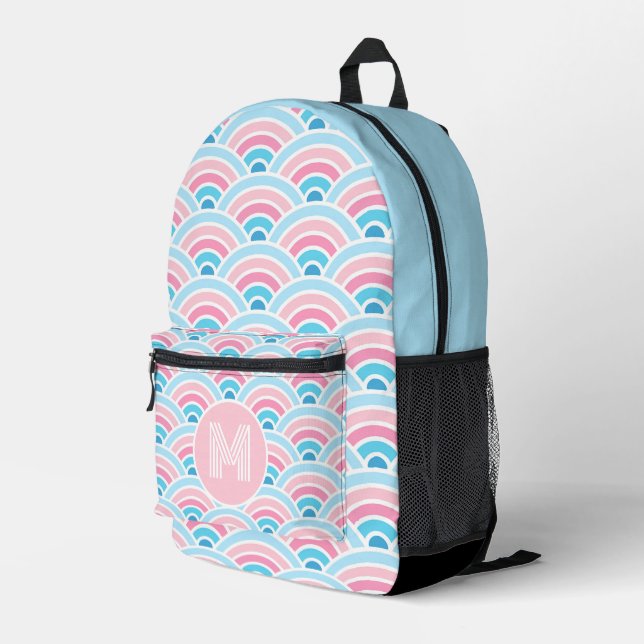 Flamingo Blush Pink Blue Concentric Waves Pattern Printed Backpack (Back Corner Right)