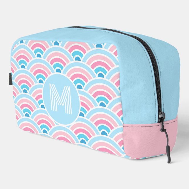 Flamingo Blush Pink Blue Geometric Waves Pattern Dopp Kit (Right Corner)