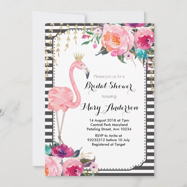 Flamingo Bridal Shower Invitation black white (Front)