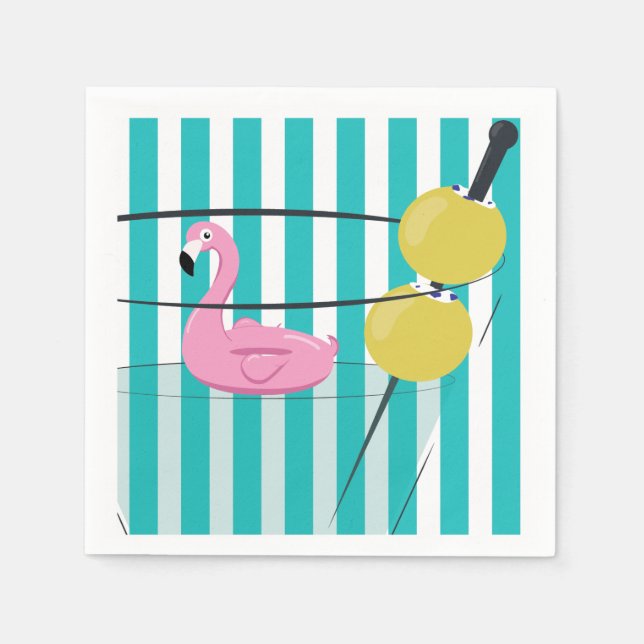 Flamingo & Cabana Stripe Cocktail Napkin - Turq. (Front)