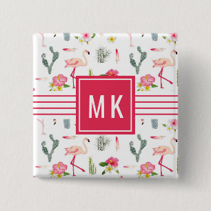Flamingo Cactus Pineapple Hibiscus Pattern 15 Cm Square Badge