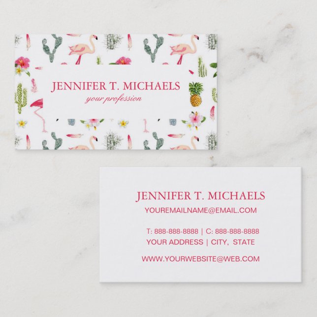 Flamingo Cactus Pineapple Hibiscus Pattern Business Card (Front/Back)