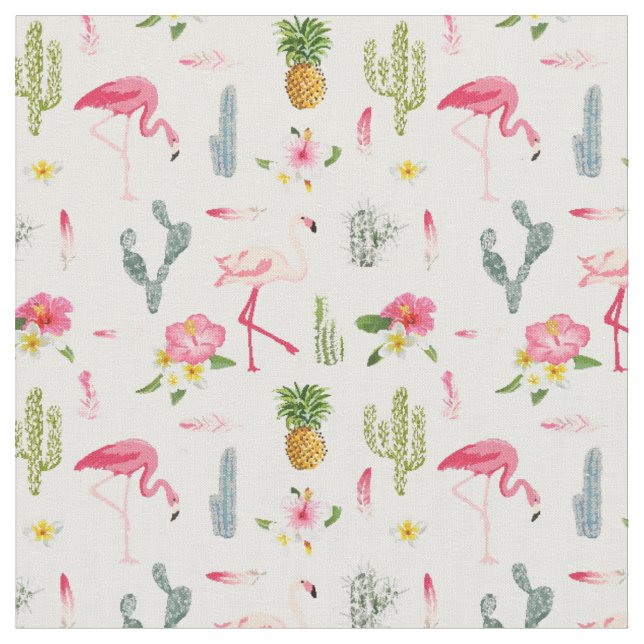 Flamingo Cactus Pineapple Hibiscus Pattern Fabric (Close Up)