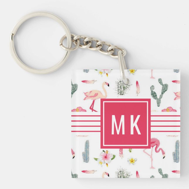 Flamingo Cactus Pineapple Hibiscus Pattern Key Ring (Front)