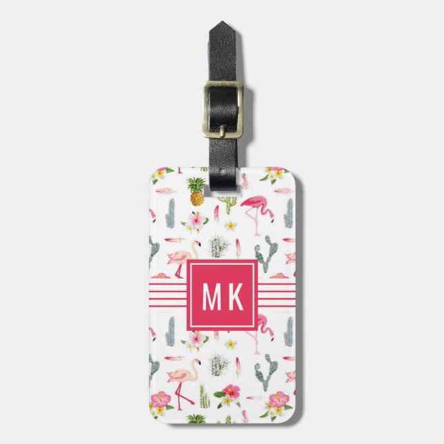 Flamingo Cactus Pineapple Hibiscus Pattern Luggage Tag (Front Vertical)