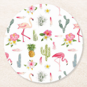 Flamingo Cactus Pineapple Hibiscus Pattern Round Paper Coaster