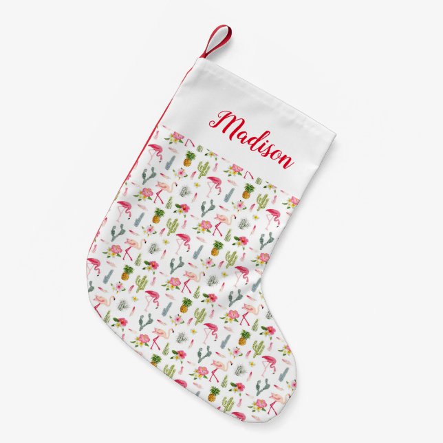 Flamingo Cactus Pineapple Hibiscus Pattern Small Christmas Stocking (Front (Hanging))