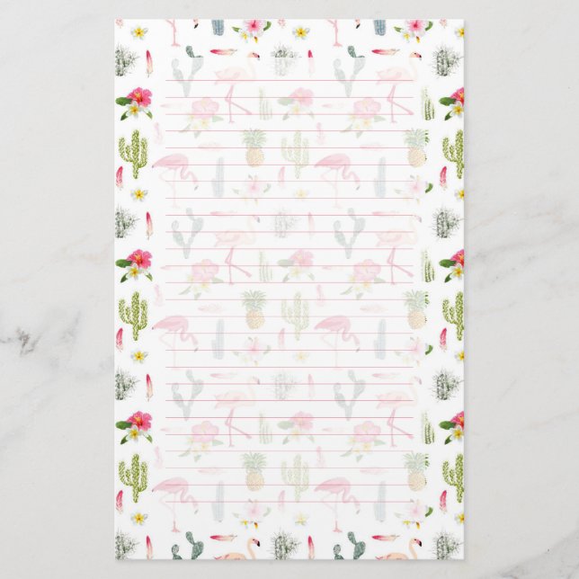 Flamingo Cactus Pineapple Hibiscus Pattern Stationery (Front)