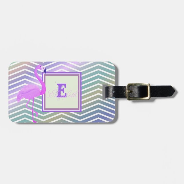 Flamingo  Chevron Zigzag,Monogram-Personalised Luggage Tag (Front Horizontal)