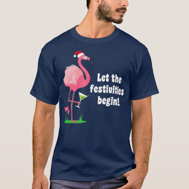 Flamingo Christmas Bird w Martini Glass Funny T-Shirt (Front)