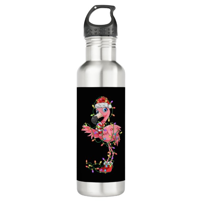 Flamingo Christmas Gift Xmas Lights Santa Pink Cut 710 Ml Water Bottle (Front)