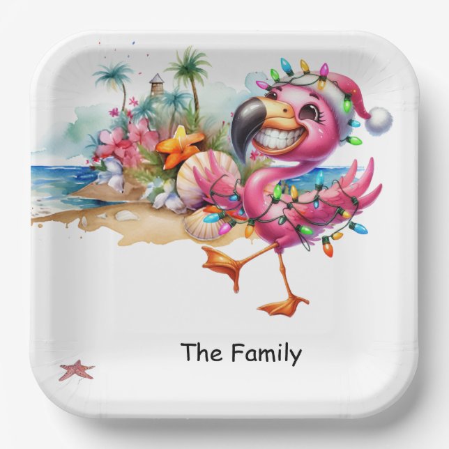 Flamingo Christmas in July at the beach Paper Plate (Front)