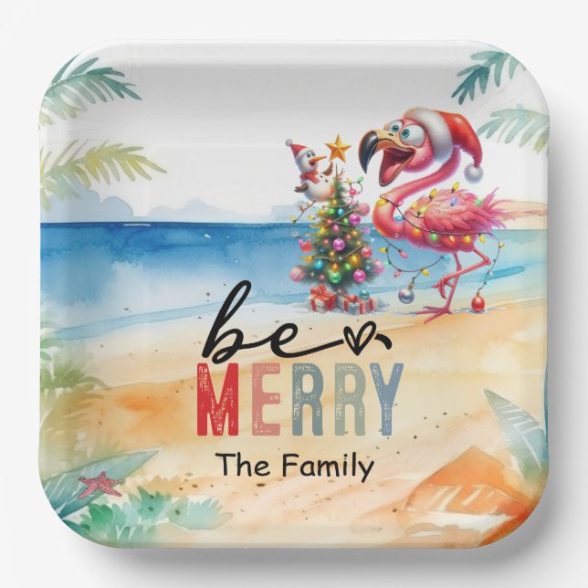 Flamingo Christmas in July at the beach Paper Plate (Front)