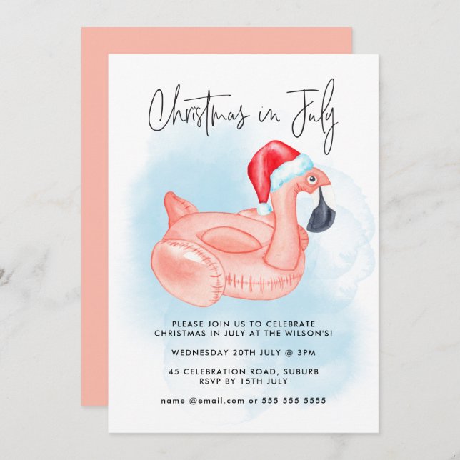 Flamingo Christmas In July Summer Pool Party Invitation (Front/Back)